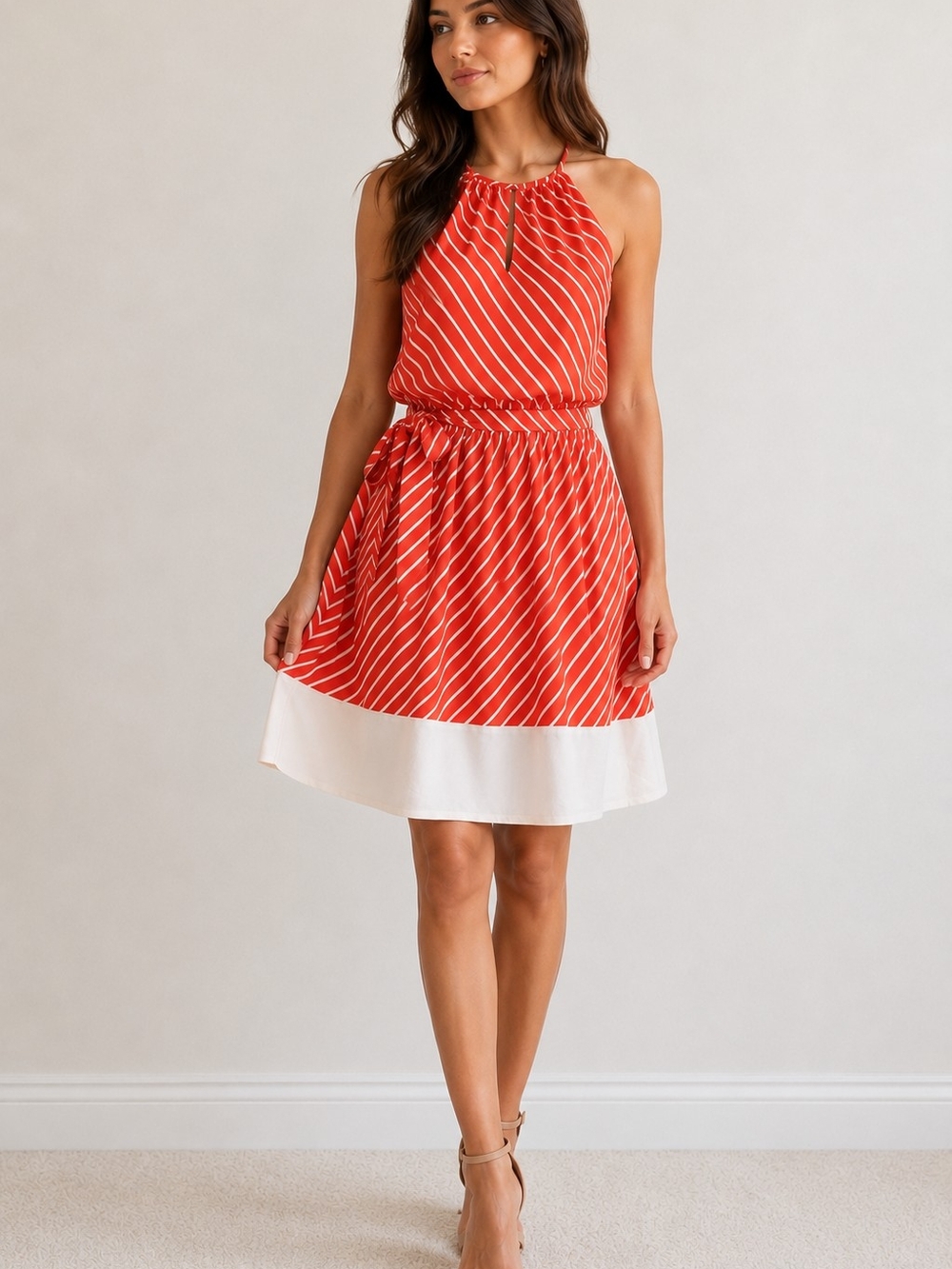 🧡💃 Express Coral Stripe Halter Fit & Flare Dress Tie Waist Keyhole Neckline SM